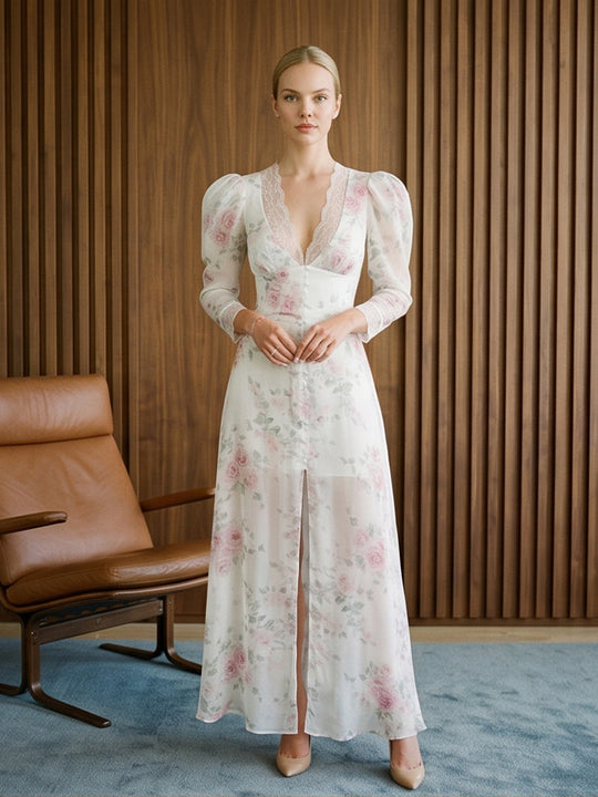 Damen Romantisches Chiffon-Maxikleid mit Spitzen‑V‑Ausschnitt, Puffärmeln und vorderem Schlitz Nord Taschen