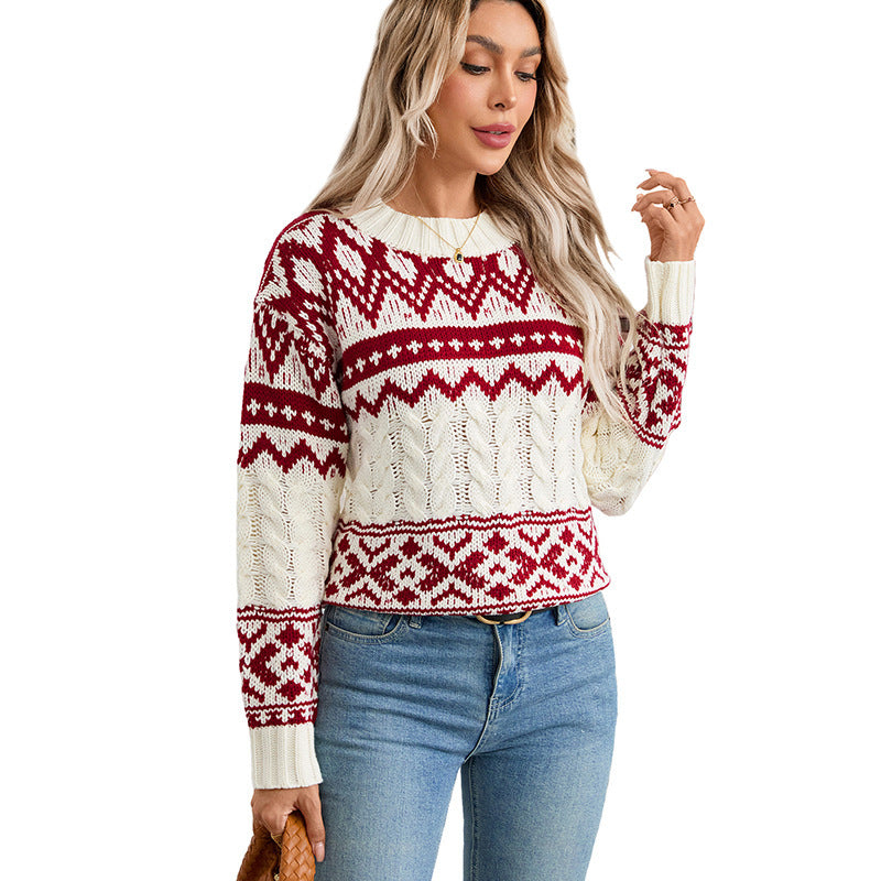 Damen Gemusterter Norweger-Pullover mit Zopfstrick und Rippbündchen Nord Taschen