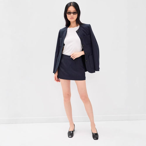 Damen Nadelstreifen‑Blazer ohne Revers mit tailliertem Minirock‑Set Nord Taschen