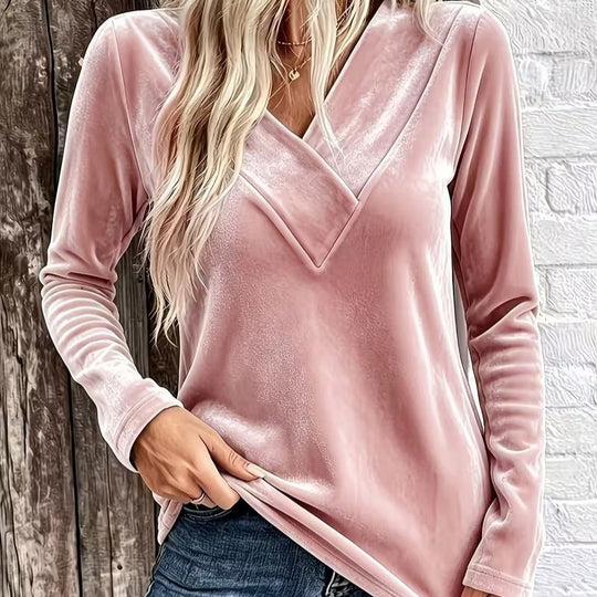 Damen Velours-Longsleeve mit überlappendem V-Ausschnitt und femininer Drapierung Nord Taschen