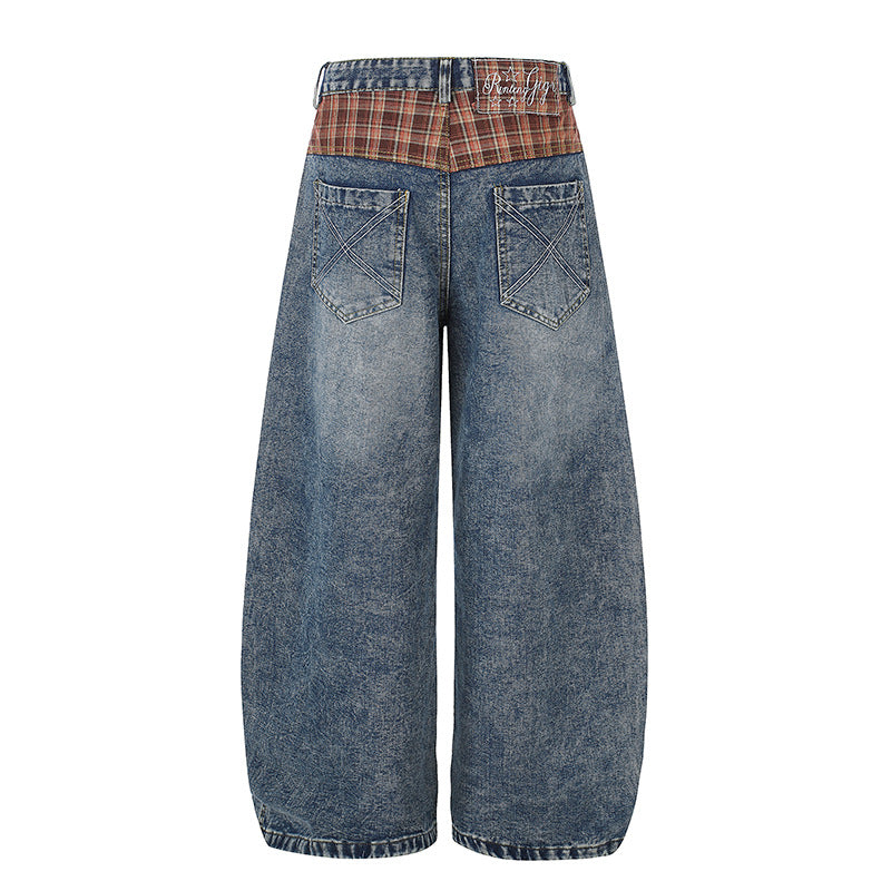 Damen Weite High‑Waist Denim‑Culotte im Palazzo‑Stil mit Karo‑Bund und Vintage‑Waschung Nord Taschen