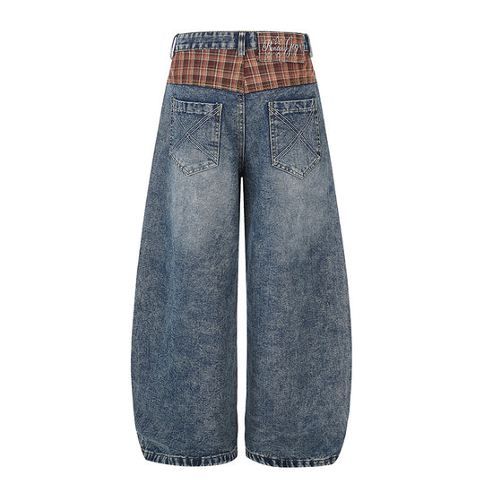 Damen Weite High‑Waist Denim‑Culotte im Palazzo‑Stil mit Karo‑Bund und Vintage‑Waschung Nord Taschen