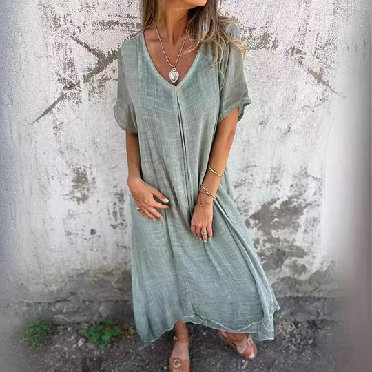 Damen Leichtes Sommerkleid mit V-Ausschnitt und weiten Ärmeln