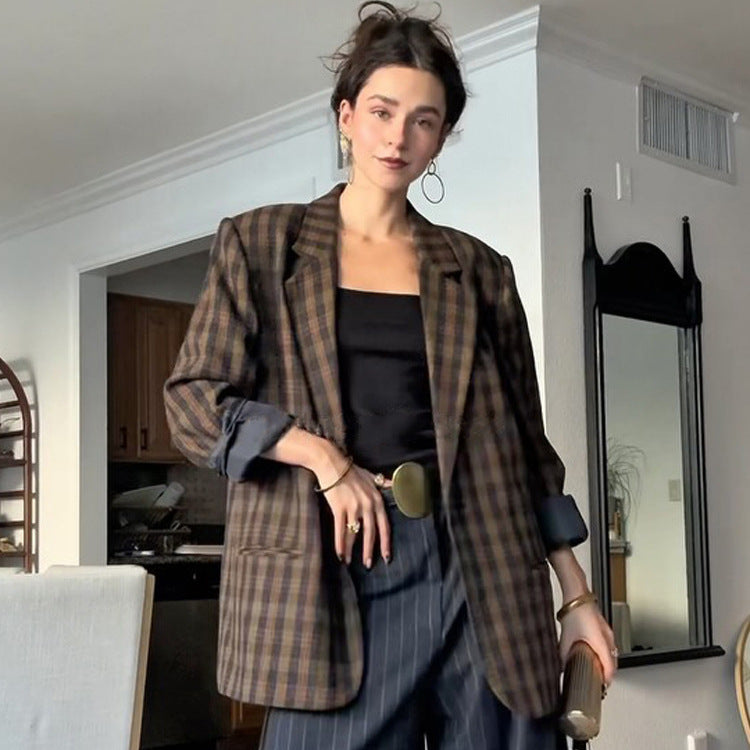 Damen Oversize-Karoblazer mit kastiger Silhouette und überschnittenen Schultern Nord Taschen