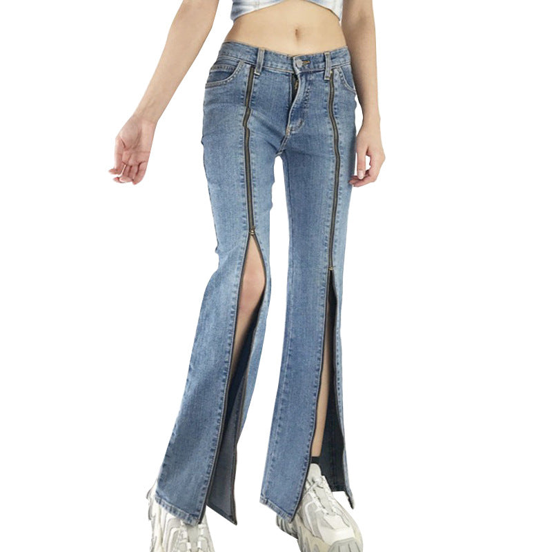 Damen Jeanshose mit durchgehenden Front-Reißverschlüssen, hoher vorderer Beinöffnung und ausgestelltem Schlag Nord Taschen