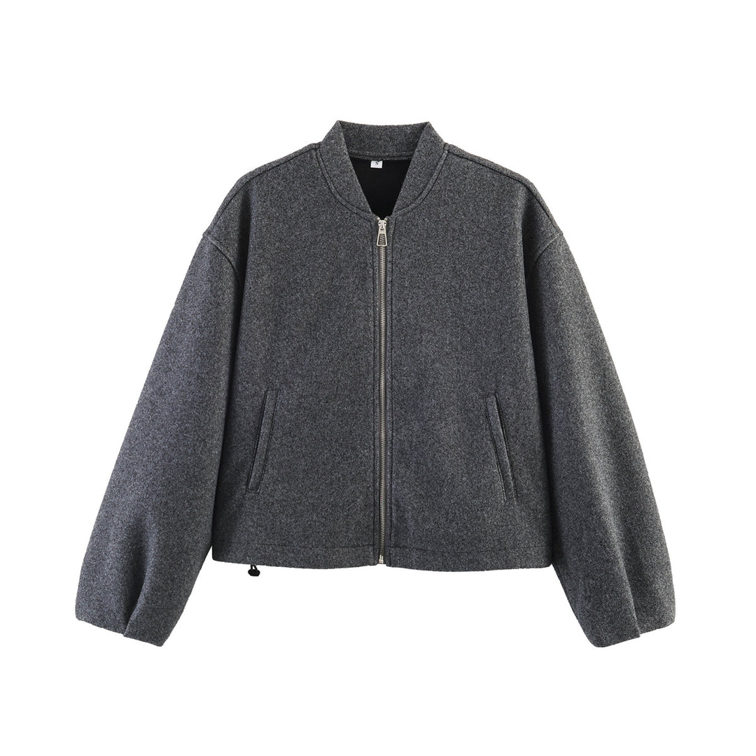Damen Kurze Boxy‑Wollmix‑Bomberjacke mit Reißverschluss, verdecktem Stehkragen und Tunnelzugsaum Nord Taschen
