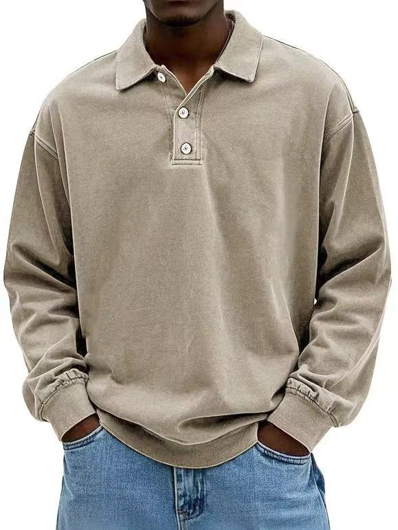 Herren nan lässiges Poloshirt-Sweatshirt mit Kragen, Vintage-Waschung und dreiteiliger Knopfleiste