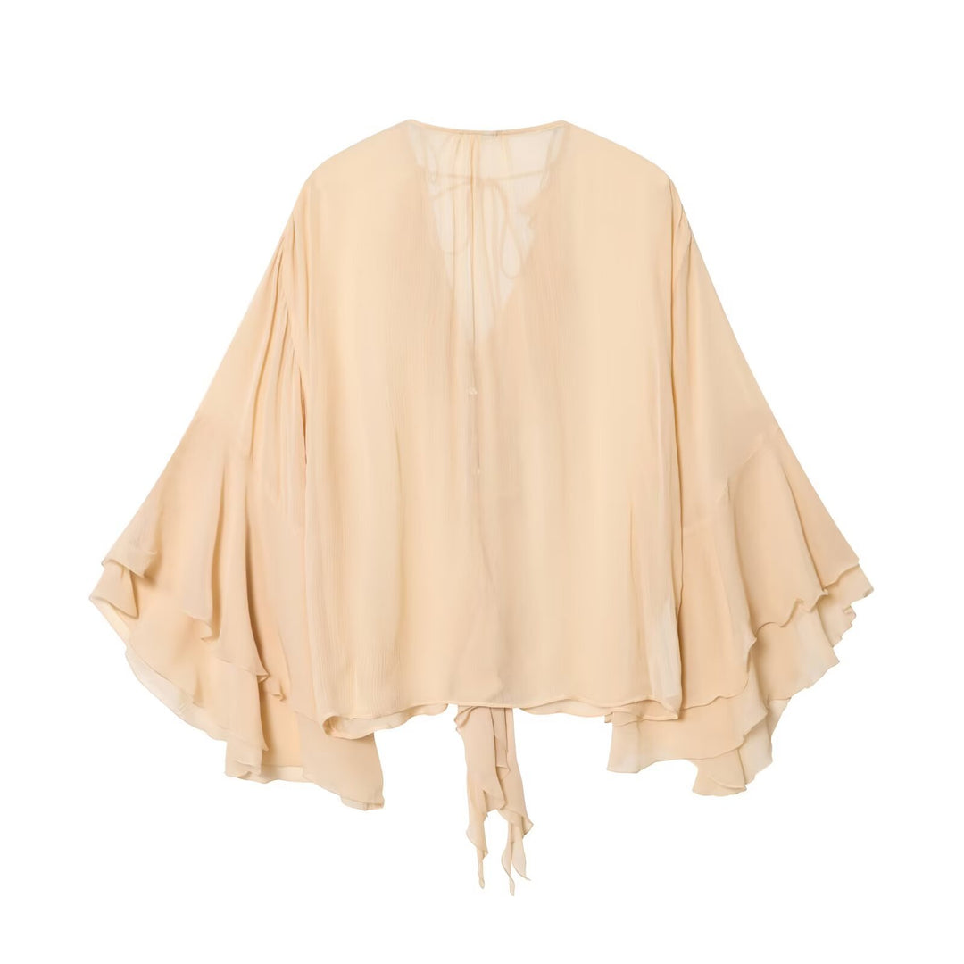 Damen Fließende Chiffon-Rüschentunika mit Volantärmeln und Bindeband Nord Taschen