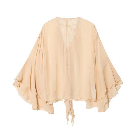 Damen Fließende Chiffon-Rüschentunika mit Volantärmeln und Bindeband Nord Taschen