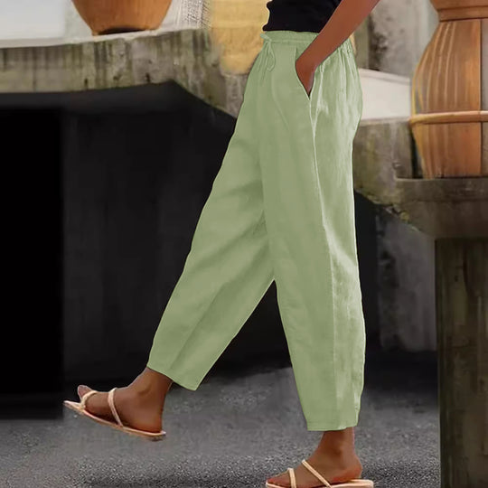 Damen Leinen-Mischung Cropped-Hose mit elastischem Bund, Kordelzug und Seitentaschen Nord Taschen