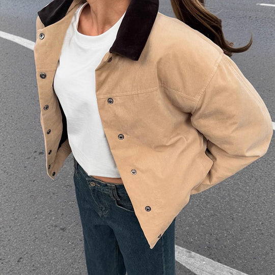 Damen Kurzer Cord-Workwear-Blouson mit Kontrastkragen Nord Taschen