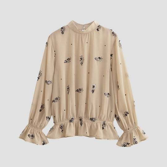 Damen Chiffonbluse mit floraler Pailletten-Stickerei, Stehkragen und geraffter Taillenpasse Nord Taschen