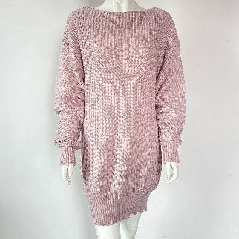 Damen Oversized Grobstrick-Kleid mit U-Boot-Ausschnitt und Ballonärmeln Drune
