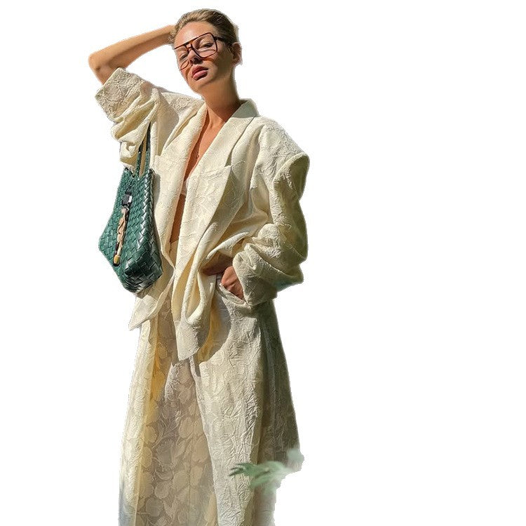 Damen Zweiteiliges Jacquard-Hosen-Set mit Oversize-Boxy-Blazer und hochgeschnittener Palazzo-Hose Nord Taschen