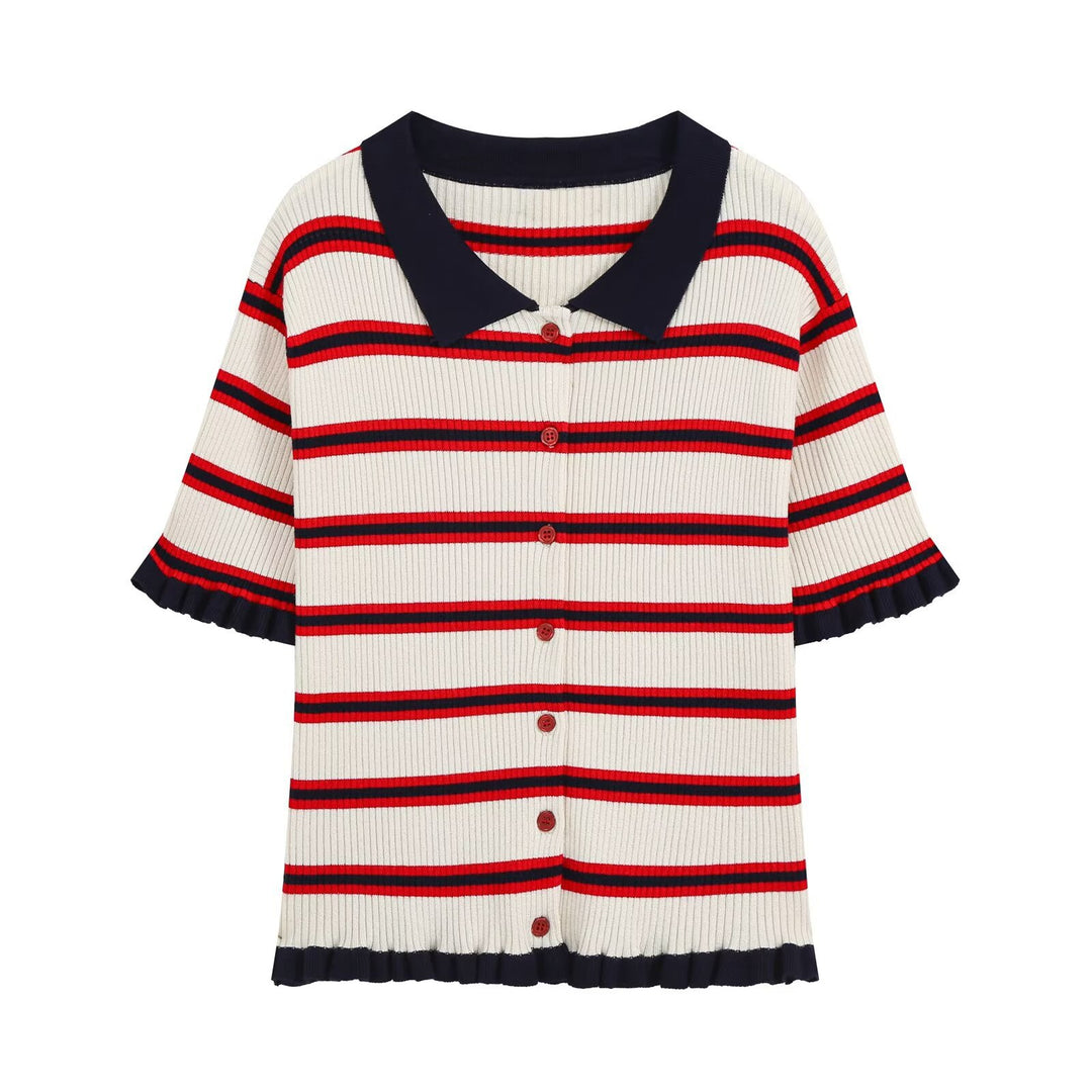 Damen Kurzarm-Rippenstrick-Cardigan mit Polokragen, Knopfleiste und Rüschensaum Nord Taschen