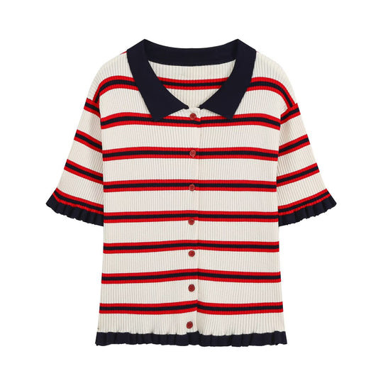 Damen Kurzarm-Rippenstrick-Cardigan mit Polokragen, Knopfleiste und Rüschensaum Nord Taschen