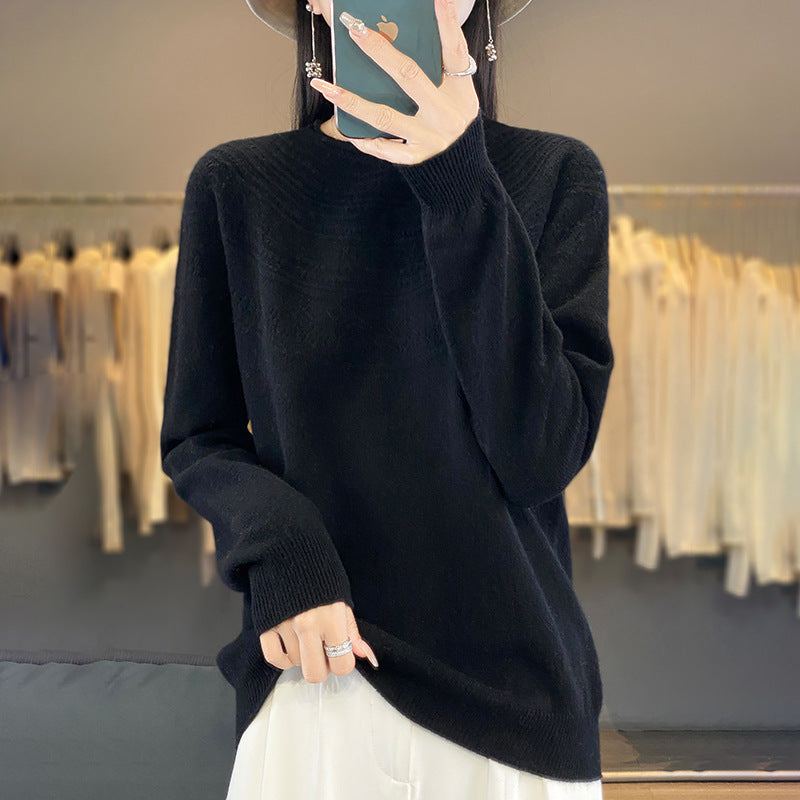 Damen Weicher Ajour‑Yoke Rundhalspullover in Kaschmir‑Optik Feinstrick Nord Taschen