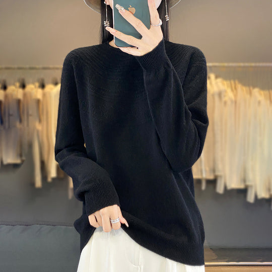 Damen Weicher Ajour‑Yoke Rundhalspullover in Kaschmir‑Optik Feinstrick Nord Taschen