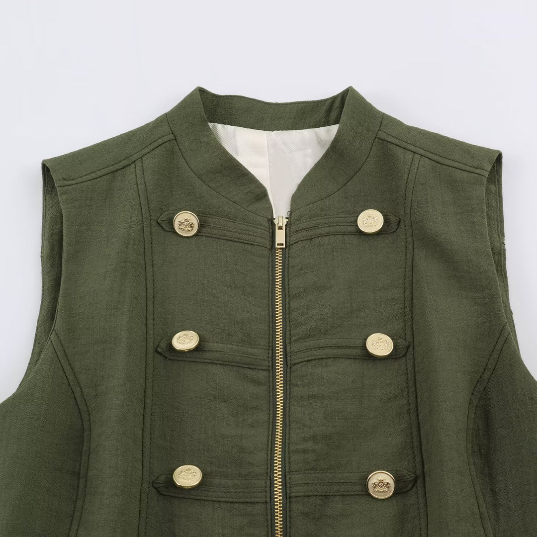 Damen Militärinspirierte taillierte Weste mit Stehkragen und Zierknopfleiste Nord Taschen