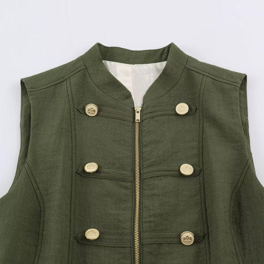 Damen Militärinspirierte taillierte Weste mit Stehkragen und Zierknopfleiste Nord Taschen