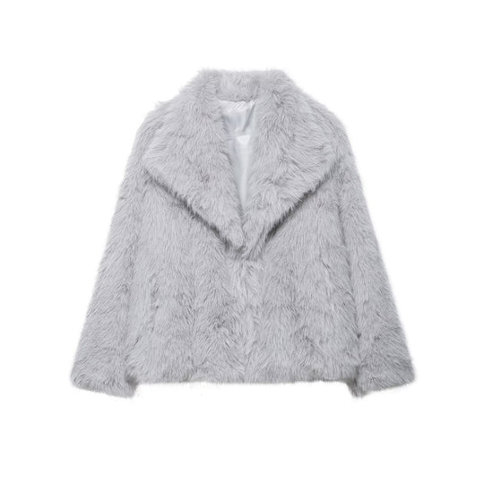 Damen Kurze Faux‑Fur Jacke mit Schalkragen und Boxy‑Schnitt Nord Taschen
