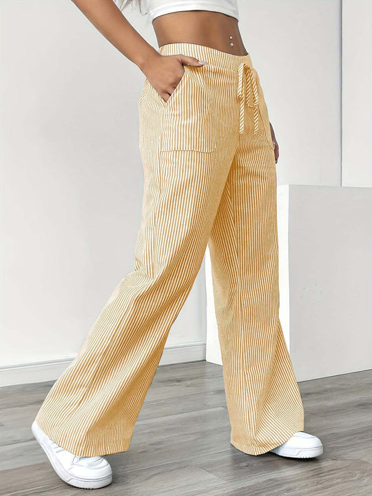 Damen weiche High-Waist Loungehose mit weitem Bein Tunnelzug und aufgesetzten Taschen Nord Taschen