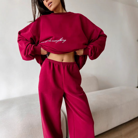 Damen lässiges Lounge-Set aus French-Terry mit oversized Cropped-Sweatshirt und hoher Taillen-Jogginghose Nord Taschen