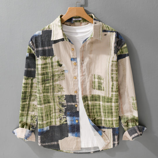 Herren Relaxed Patchwork-Karo Hemdjacke mit ausgefransten Kanten und Crinkle-Finish Nord Taschen