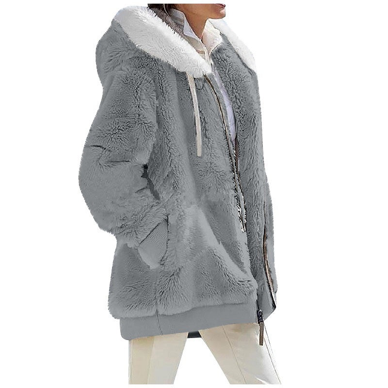 Damen Kuschelige Teddy-Kapuzenjacke mit Kontrastbesatz, Reißverschluss und Eingrifftaschen Nord Taschen