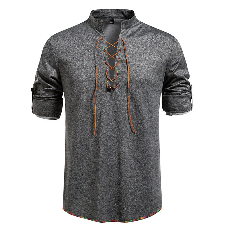 Herren Lässiges Baumwoll-Langarmshirt mit Schnürung, Stehkragen und aufkrempelbaren Ärmeln Nord Taschen