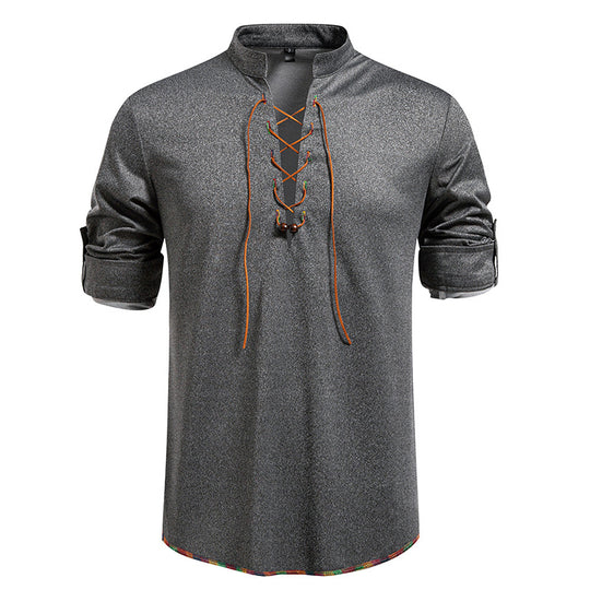 Herren Lässiges Baumwoll-Langarmshirt mit Schnürung, Stehkragen und aufkrempelbaren Ärmeln Nord Taschen