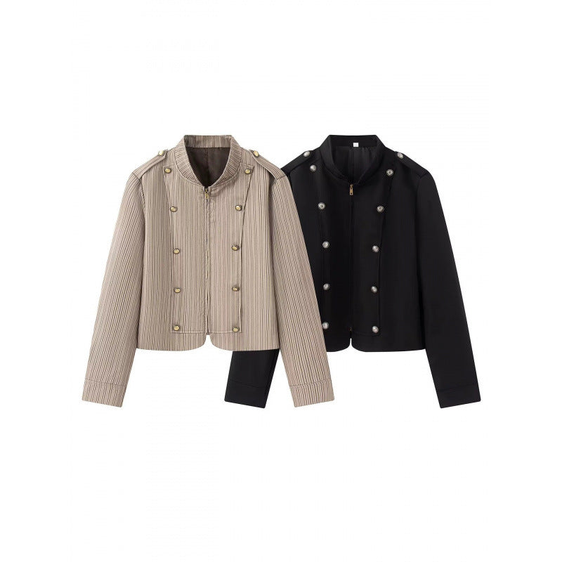 Damen Kurzblouson im Military‑Cut mit Stehkragen, Zierknopfreihen und Schulterpatten Nord Taschen