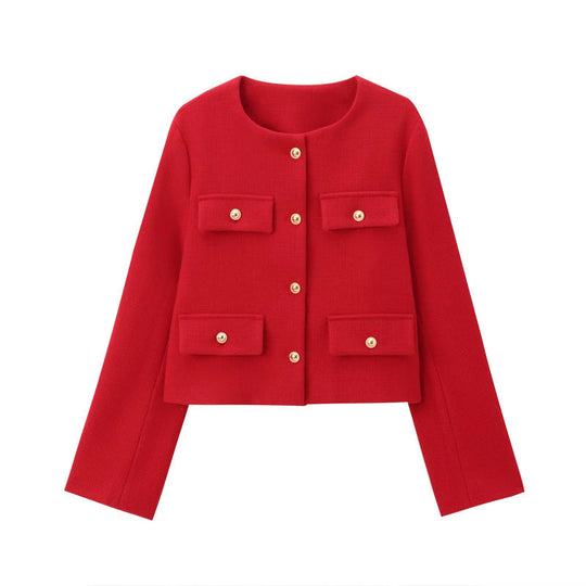 Damen Modische Kurzjacke mit dekorativen Knöpfen und praktischen Taschen