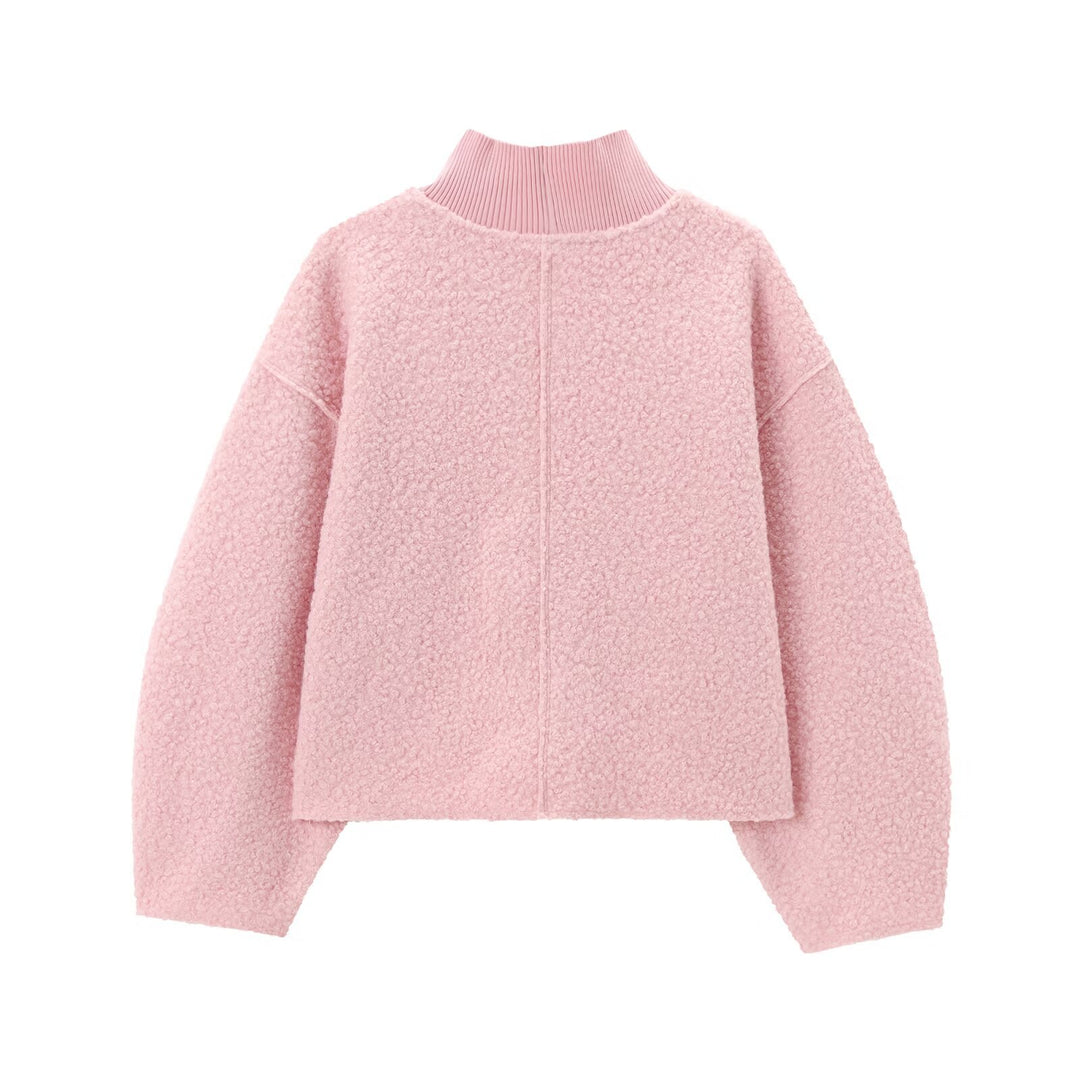 Damen Oversize Cropped Pullover mit Stehkragen und Ballonärmeln Nord Taschen