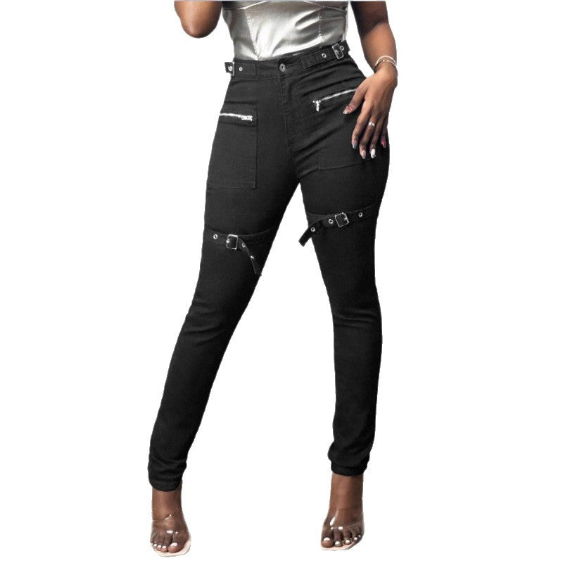 Damen High-Waist Skinny-Jeans mit Zier-Reißverschlüssen, aufgesetzten Taschen und Gurt-Dekor Nord Taschen