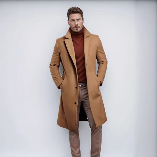 Herren Langer taillierter Mantel mit breitem Revers und edler Wollmischung Nord Taschen