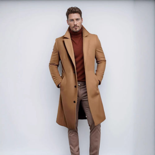 Herren Langer taillierter Mantel mit breitem Revers und edler Wollmischung Nord Taschen