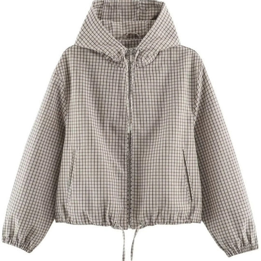 Damen Karierte Cropped Kapuzenjacke mit Tunnelzugsaum und Zwei‑Wege‑Reißverschluss Nord Taschen