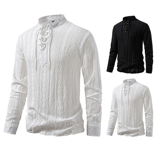 Herren Feinstruktur Henley-Langarmshirt mit Schnürung und Stehkragen Nord Taschen