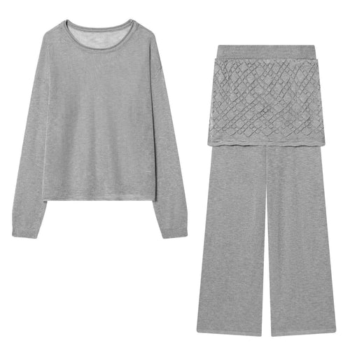 Damen Leichtes Feinstrick-Loungewear-Set mit Rundhalsausschnitt und weiter Palazzo-Hose Nord Taschen