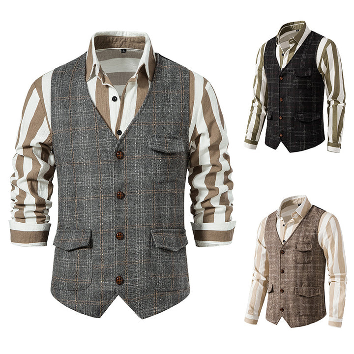 Herren kariertes Wollmix Gilet mit Brusttasche und aufgesetzten Seitentaschen Nord Taschen