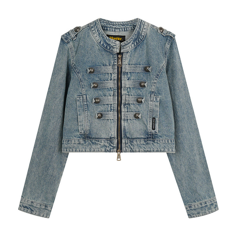 Damen Cropped-Denimjacke im Military‑Stil mit Zierknopfleisten Nord Taschen