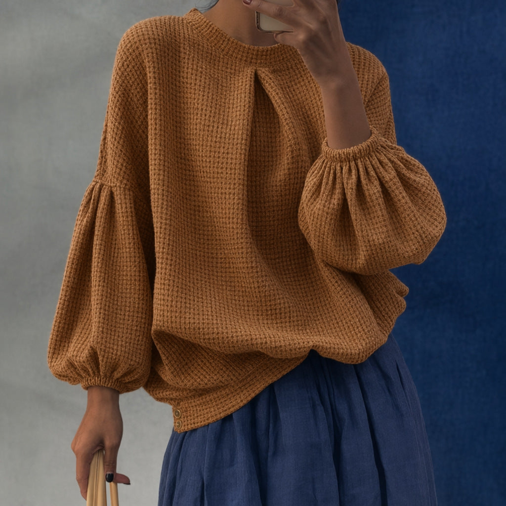 Damen Waffelstrick-Oversize-Bluse mit voluminösen Ballonärmeln Nord Taschen