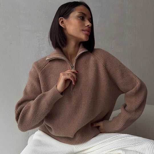 Damen Gerippter Wollmix-Pullover mit halbem Reißverschluss und weitem Stehkragen Nord Taschen