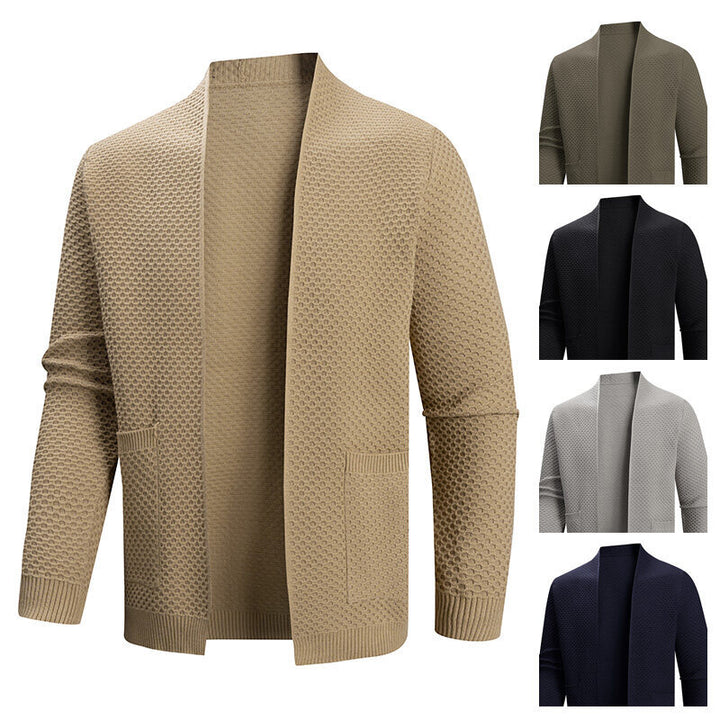 Herren offener Waffelstrick-Cardigan mit Schalkragen, aufgesetzten Taschen und gerippten Bündchen Nord Taschen