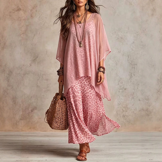 Damen Boho-Maxikleid mit transparentem Poncho-Overlay und Leopardenmuster Nord Taschen