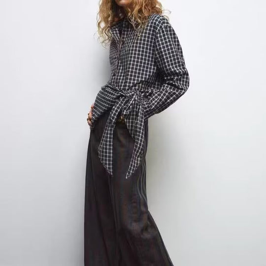 Damen Oversize kariertes Hemd mit abgerundetem Saum Nord Taschen