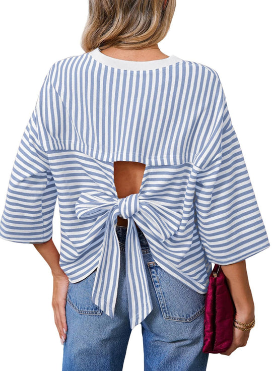 Damen Gestreiftes Oversize-Shirt mit Rückenausschnitt und Schleifenbindung Nord Taschen