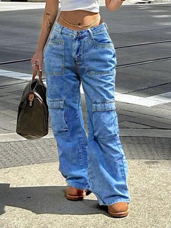 Damen Hochbundweite Cargo-Denimhose mit Utility-Taschen Nord Taschen