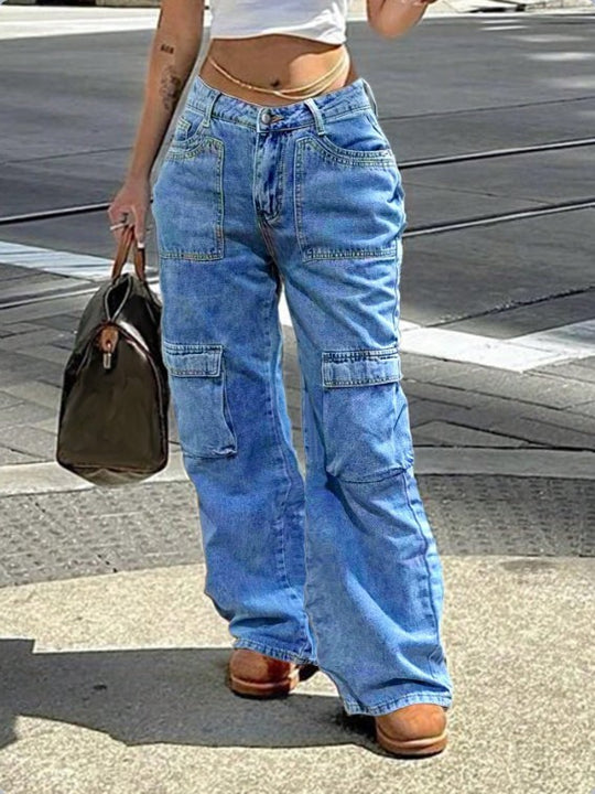 Damen Hochbundweite Cargo-Denimhose mit Utility-Taschen Nord Taschen